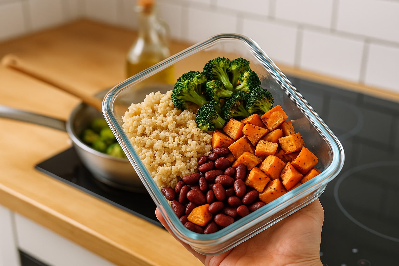 Clean-Eating-Mahlzeit mit Quinoa, Gemüse und Hülsenfrüchten in Meal-Prep-Box
