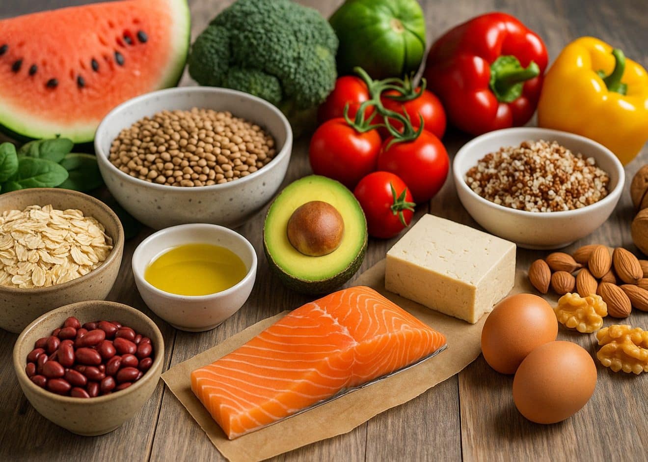 Eine Auswahl frischer Clean-Eating-Zutaten auf einem Holztisch: Brokkoli, Karotten, Beeren, Linsen, Kichererbsen, Vollkornbrot, Eier, Lachs, Tofu, Nüsse und ein Glas Olivenöl – bereit zur Zubereitung.