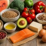 Eine Auswahl frischer Clean-Eating-Zutaten auf einem Holztisch: Brokkoli, Karotten, Beeren, Linsen, Kichererbsen, Vollkornbrot, Eier, Lachs, Tofu, Nüsse und ein Glas Olivenöl – bereit zur Zubereitung.