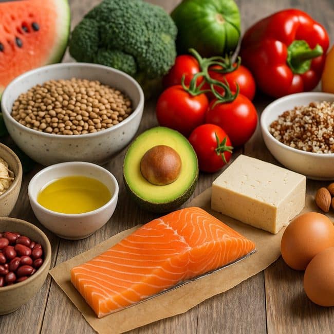 Eine Auswahl frischer Clean-Eating-Zutaten auf einem Holztisch: Brokkoli, Karotten, Beeren, Linsen, Kichererbsen, Vollkornbrot, Eier, Lachs, Tofu, Nüsse und ein Glas Olivenöl – bereit zur Zubereitung.