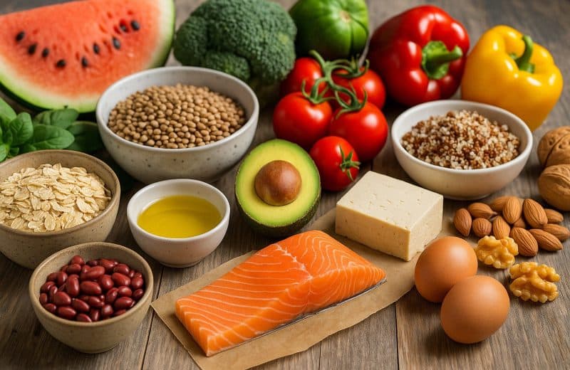 Eine Auswahl frischer Clean-Eating-Zutaten auf einem Holztisch: Brokkoli, Karotten, Beeren, Linsen, Kichererbsen, Vollkornbrot, Eier, Lachs, Tofu, Nüsse und ein Glas Olivenöl – bereit zur Zubereitung.