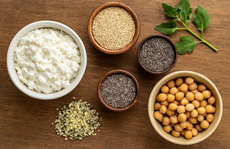 Proteinreiche Fitness-Zutaten: Magerquark, Quinoa, Chia-Samen, Kichererbsen, Hanfsamen