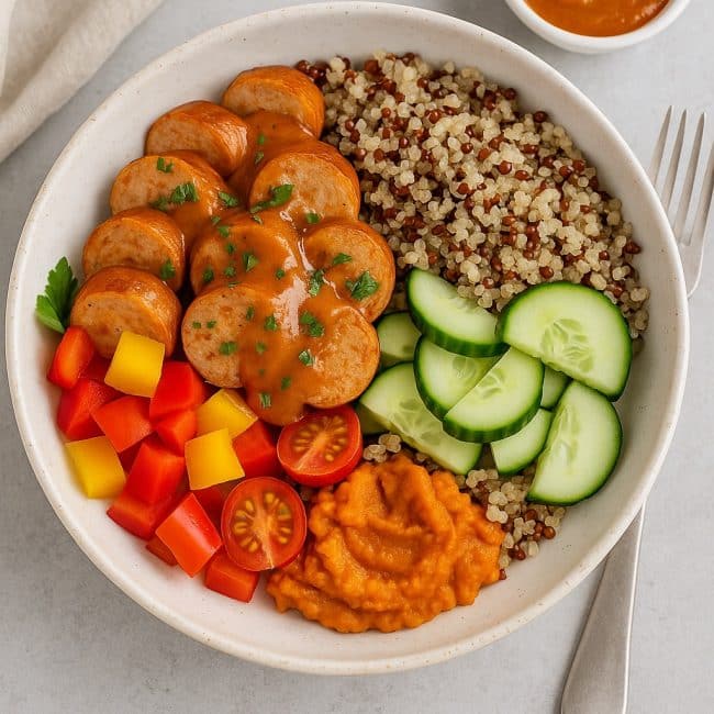 Clean Currywurst Bowl mit Hähnchenbratwurst, Currysauce und Süßkartoffeln angerichtet