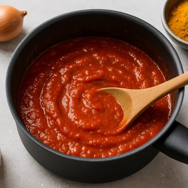 Selbstgemachte Currytomatensauce wird im Topf für die Clean Currywurst Bowl eingerührt