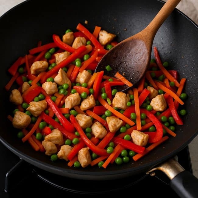 Hähnchen und Gemüse werden im Wok für das Nasi Goreng angebraten