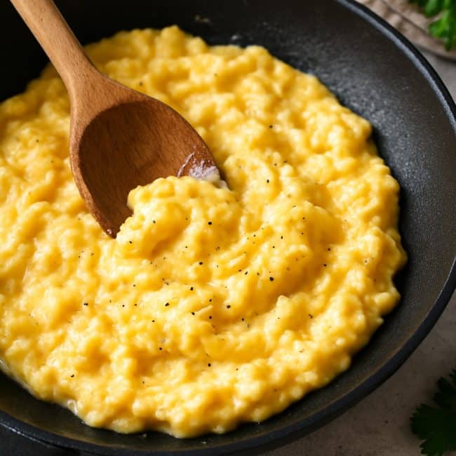 Fluffiges Rührei wird in der Pfanne für das britische Fitness-Frühstück zubereitet