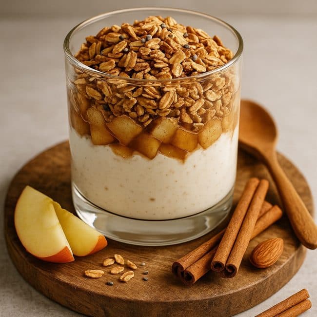 Apfel-Zimt-Quark mit Hafercrunch im Glas geschichtet, dekoriert mit Apfelspalten