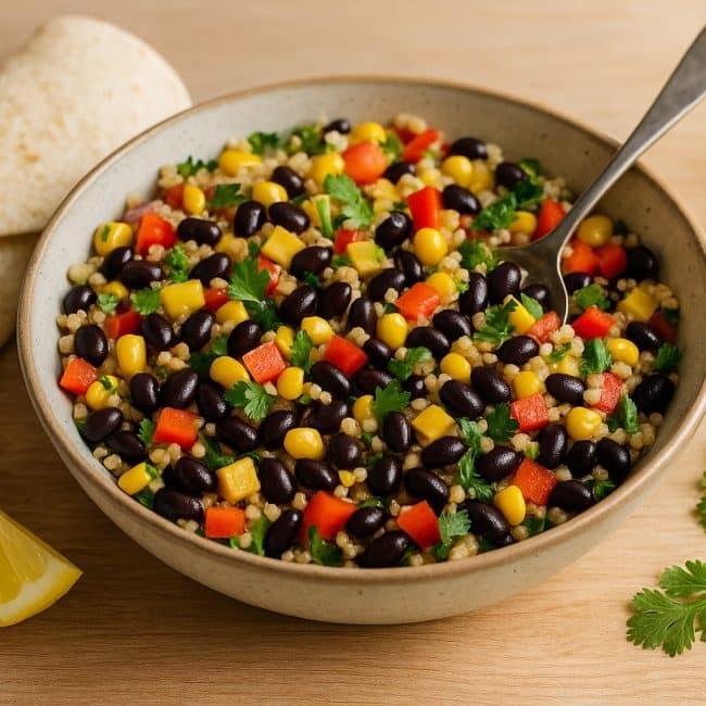Bunter Salsa-Mix aus Bohnen, Quinoa, Paprika und Mais in einer Schüssel angerührt