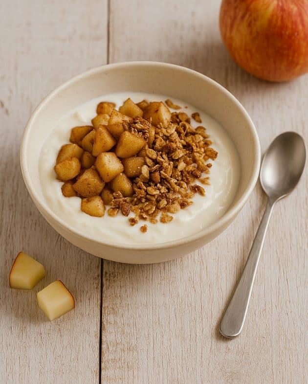 Schale mit Apfel-Zimt-Quark, getoppt mit karamellisierten Apfelstücken und Hafer-Mandel-Crunch, serviert auf einem rustikalen Holztisch im Frühstückssetting.