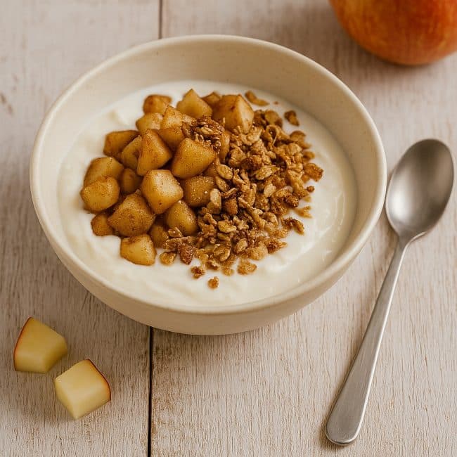 Schale mit Apfel-Zimt-Quark, getoppt mit karamellisierten Apfelstücken und Hafer-Mandel-Crunch, serviert auf einem rustikalen Holztisch im Frühstückssetting.