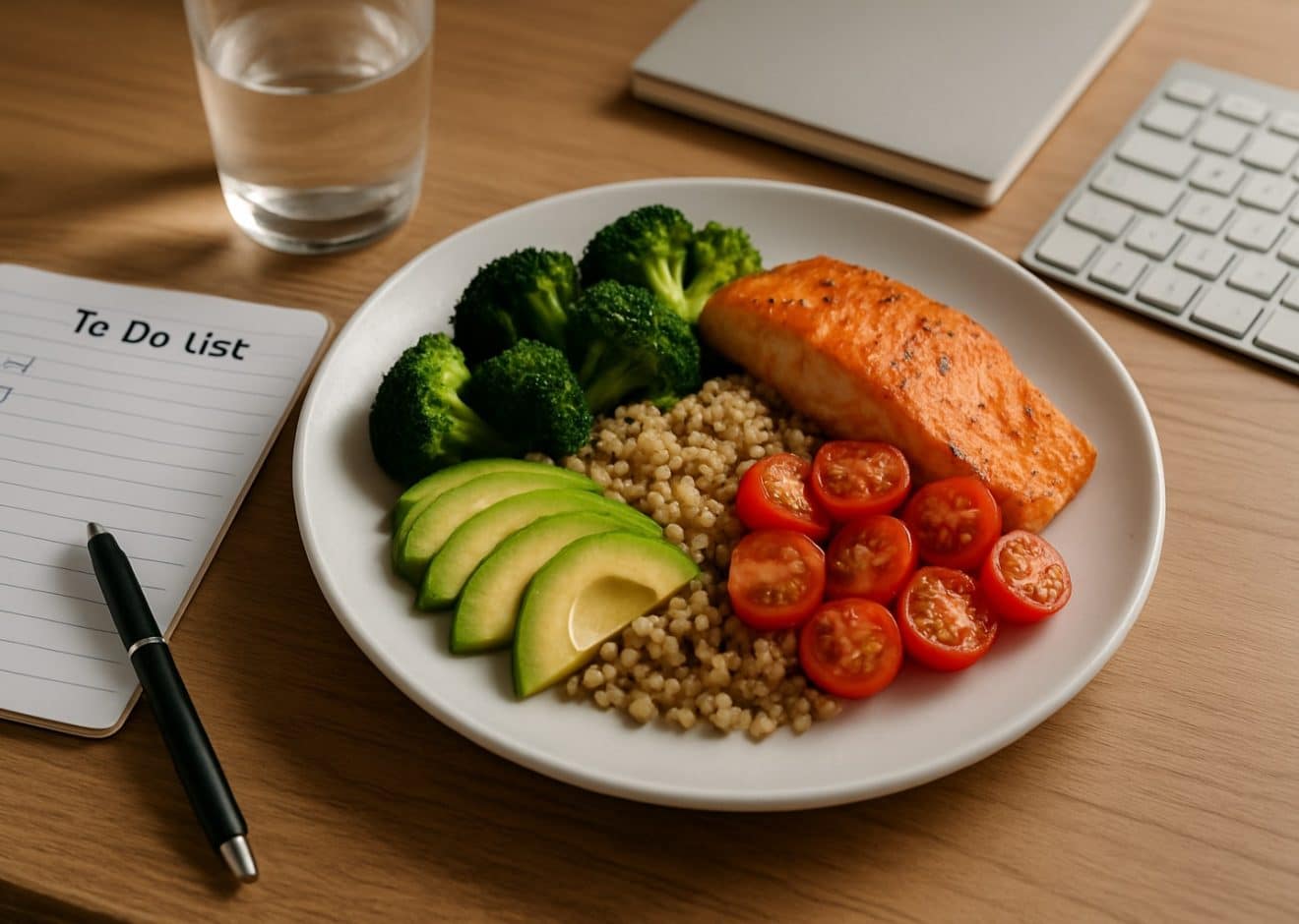 Ausgewogene Mahlzeit mit Gemüse, Quinoa und Hummus auf einem vollen Schreibtisch neben Laptop und Notizen