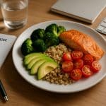 Ausgewogene Mahlzeit mit Gemüse, Quinoa und Hummus auf einem vollen Schreibtisch neben Laptop und Notizen
