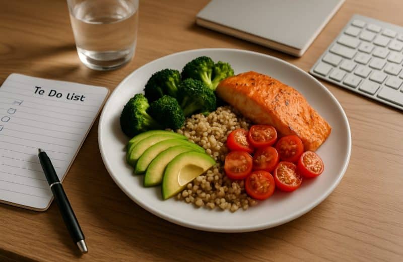 Ausgewogene Mahlzeit mit Gemüse, Quinoa und Hummus auf einem vollen Schreibtisch neben Laptop und Notizen