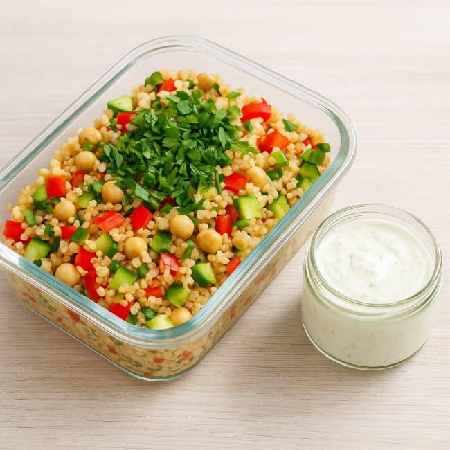 Fertig angerichteter Bulgursalat mit Kichererbsen und cremigem Joghurt-Knoblauch-Dip in Meal-Prep-Box