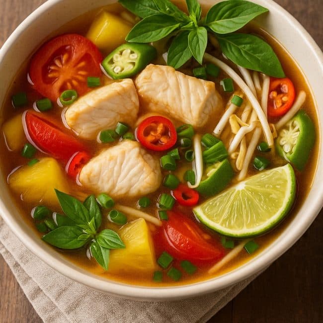 Servierte vietnamesische Canh Chua Cá Suppe in einer weißen Schüssel mit Fisch, Gemüse und frischen Kräutern.