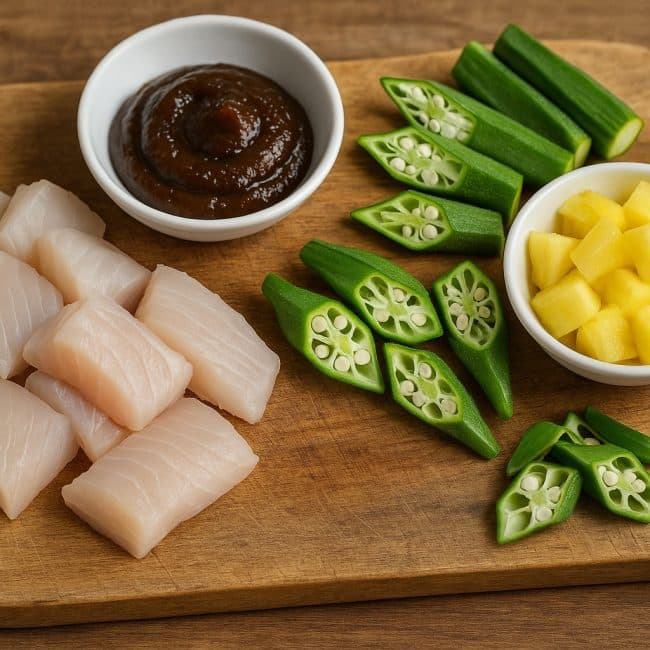 risch vorbereitete Zutaten für Canh Chua Cá: Fischfilet, Tamarindenpaste, Ananas, Tomaten, Okra und Kräuter auf einer Holzplatte.