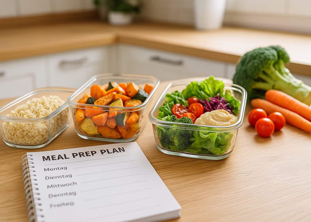 Meal-Prep-Szene in moderner Küche mit geöffneten Glasdosen voller Quinoa, Ofengemüse und Hummus, frischem Gemüse und deutschem Wochenplan auf Holzoberfläche – Clean Eating im Alltag