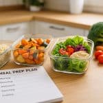 Meal-Prep-Szene in moderner Küche mit geöffneten Glasdosen voller Quinoa, Ofengemüse und Hummus, frischem Gemüse und deutschem Wochenplan auf Holzoberfläche – Clean Eating im Alltag