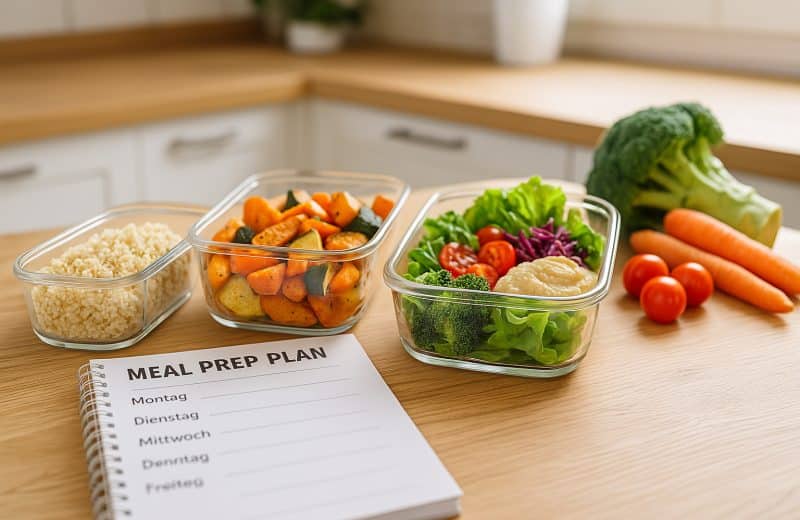 Meal-Prep-Szene in moderner Küche mit geöffneten Glasdosen voller Quinoa, Ofengemüse und Hummus, frischem Gemüse und deutschem Wochenplan auf Holzoberfläche – Clean Eating im Alltag