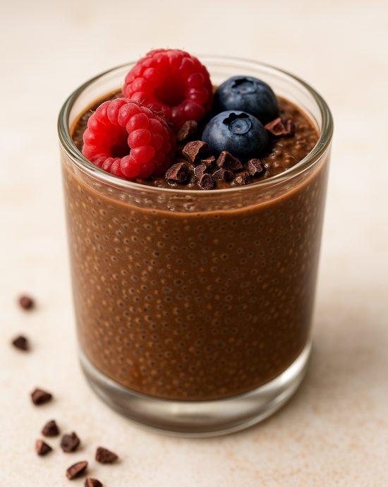 Chia-Schoko-Protein-Pudding mit Banane, Mandelmilch und frischen Beeren
