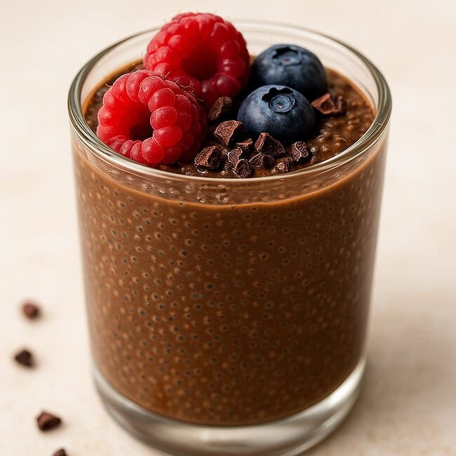 Chia-Schoko-Protein-Pudding mit Banane, Mandelmilch und frischen Beeren
