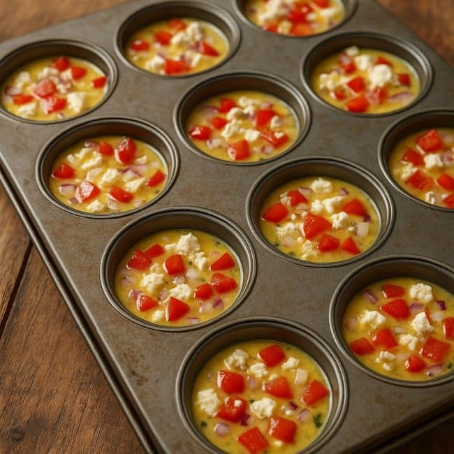 Eiermasse mit Paprika und Feta im Muffinblech vor dem Backen