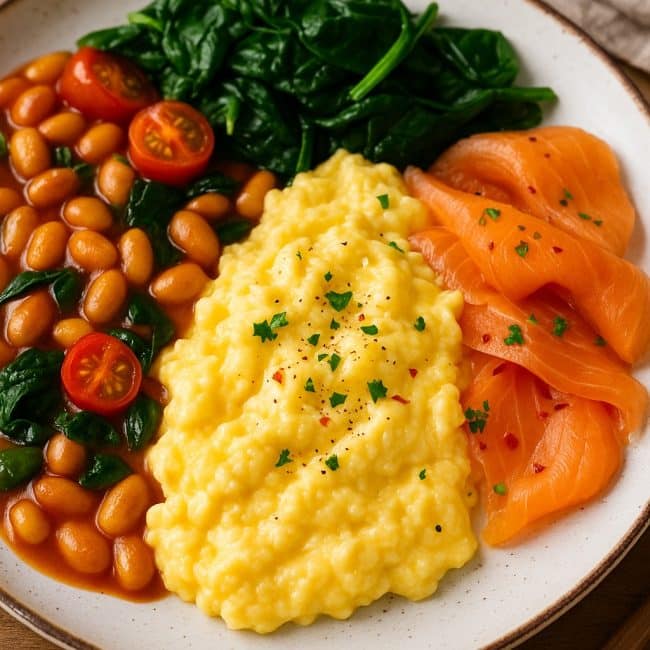 Proteinreiches britisches Frühstück mit Rührei, Bohnen, Spinat und Räucherlachs