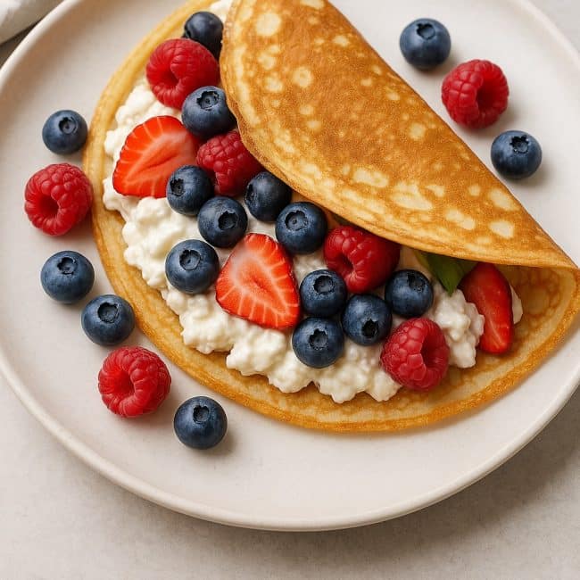 Fertig angerichtete Fitness-Crêpes mit Magerquarkfüllung und frischen Beeren
