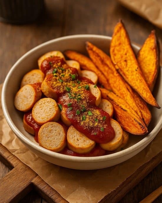 Clean Currywurst Bowl mit Hähnchenbratwurst, Currysauce und Süßkartoffeln in einer Bowl angerichtet