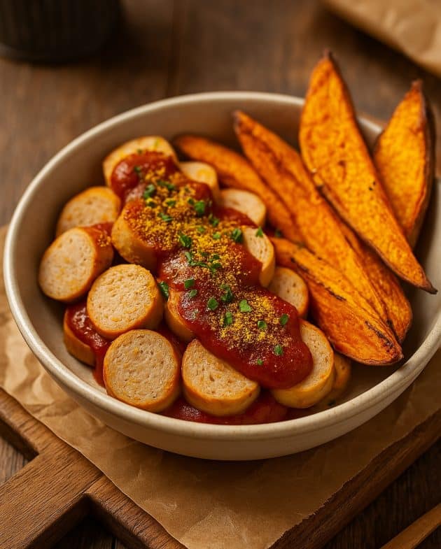 Clean Currywurst Bowl mit Hähnchenbratwurst, Currysauce und Süßkartoffeln in einer Bowl angerichtet