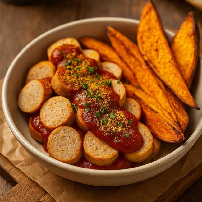 Clean Currywurst Bowl mit Hähnchenbratwurst, Currysauce und Süßkartoffeln in einer Bowl angerichtet