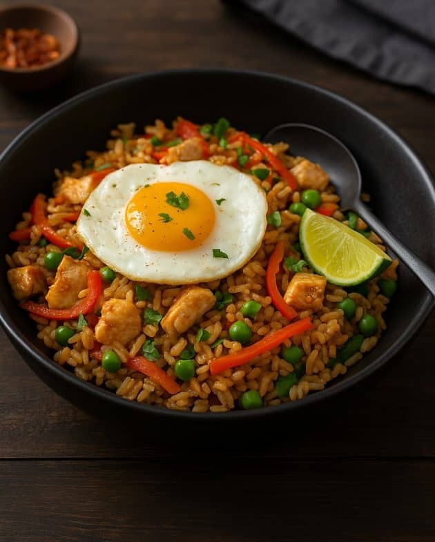 Proteinreiches Nasi Goreng mit Hähnchen, Gemüse und Ei in der Pfanne