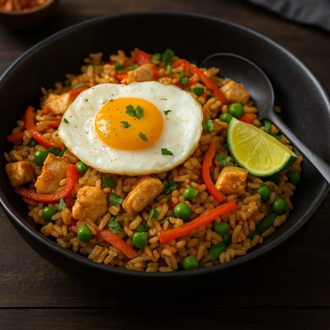 Proteinreiches Nasi Goreng mit Hähnchen, Gemüse und Ei in der Pfanne