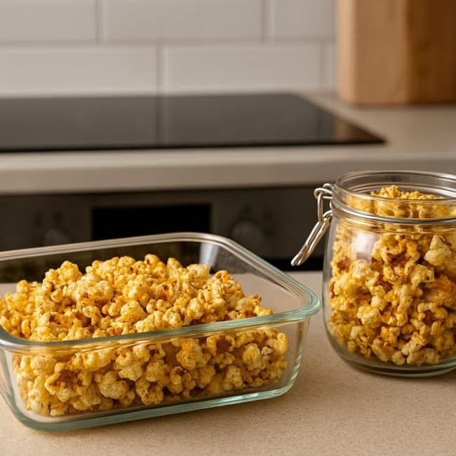 Fitness-Popcorn mit Gewürzen wird in einer transparenten Box luftdicht verschlossen – perfekt vorbereitet als Snack zum Mitnehmen oder für den nächsten Filmabend.