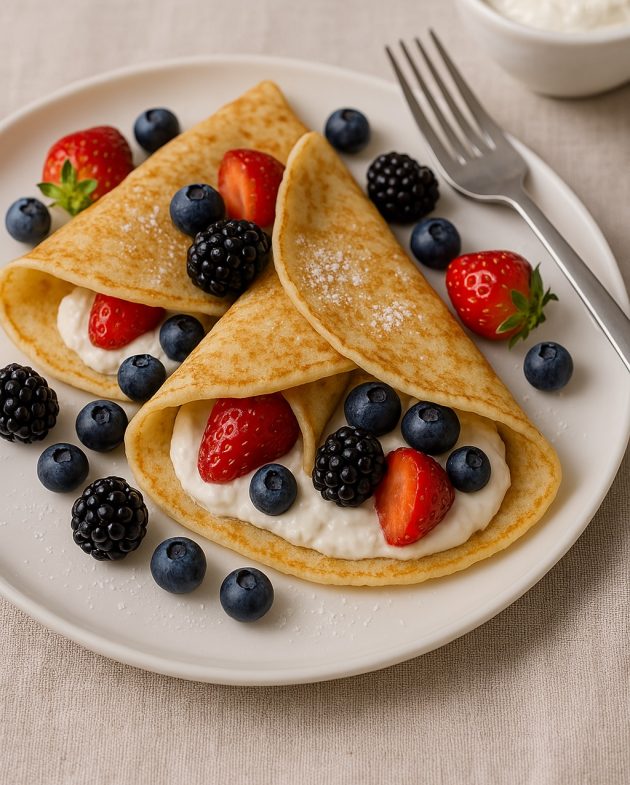 Fertig angerichtete Fitness-Crêpes mit Magerquarkfüllung und frischen Beeren
