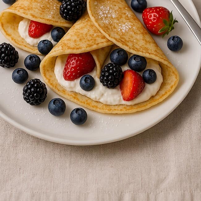 Fertig angerichtete Fitness-Crêpes mit Magerquarkfüllung und frischen Beeren