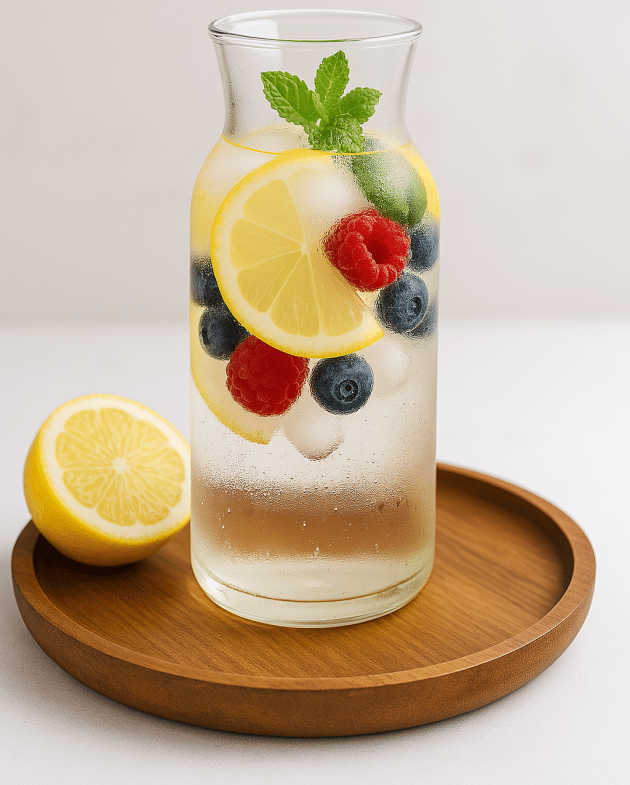Skandinavisches Energiewasser mit Zitrone, Beeren und Minze in einem Glas mit Eiswürfeln