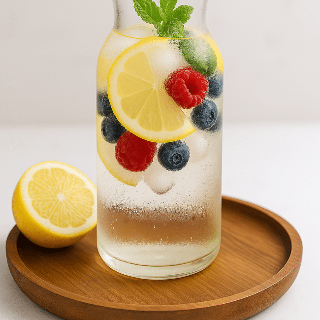 Skandinavisches Energiewasser mit Zitrone, Beeren und Minze in einem Glas mit Eiswürfeln