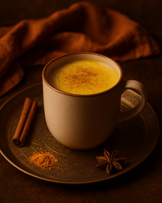 Warme goldene Kurkuma-Milch mit Zimt und Ingwer in einer Tasse serviert
