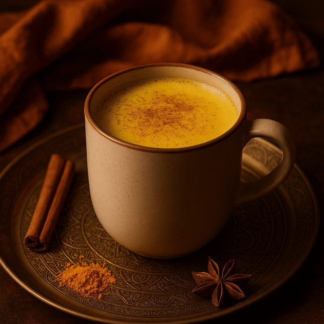 Warme goldene Kurkuma-Milch mit Zimt und Ingwer in einer Tasse serviert