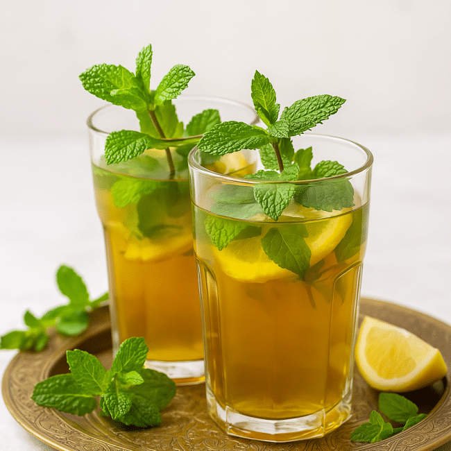 Glaskanne mit frisch gebrühtem marokkanischem Minztee, serviert mit Minzzweigen und Zitronenscheiben auf einem Holzbrett.