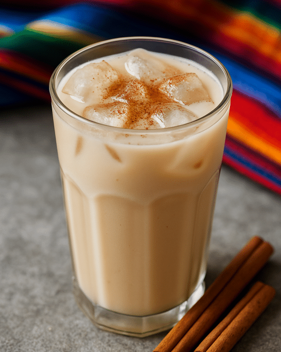 Cremige Protein-Horchata mit Zimt in einem Glas serviert