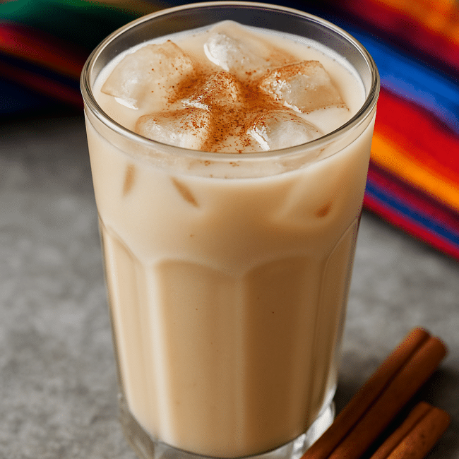 Cremige Protein-Horchata mit Zimt in einem Glas serviert