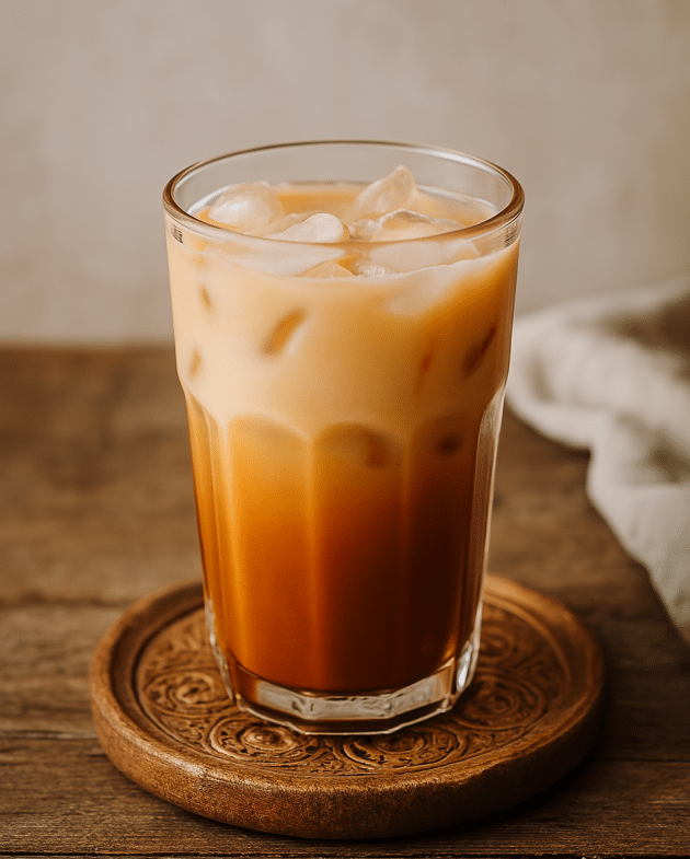 Zuckerfreier Thai Iced Tea mit Protein-Milch im Glas auf Eis serviert