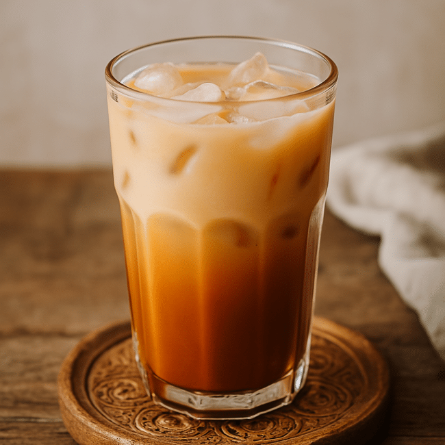 Zuckerfreier Thai Iced Tea mit Protein-Milch im Glas auf Eis serviert