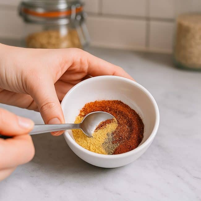 Hand rührt eine Gewürzmischung mit Paprikapulver, Hefeflocken und Chili in einer kleinen Schüssel in einer modernen Küche an.