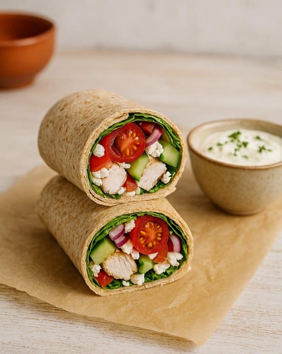 Griechischer Wrap mit Hähnchen, Tzatziki und frischem Gemüse auf Pergamentpapier, angeschnitten serviert im mediterranen Stil.