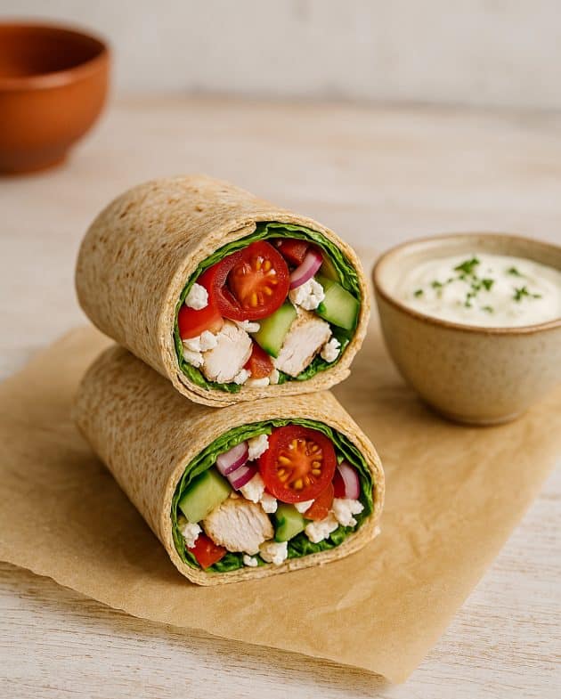 Griechischer Wrap mit Hähnchen, Tzatziki und frischem Gemüse auf Pergamentpapier, angeschnitten serviert im mediterranen Stil.