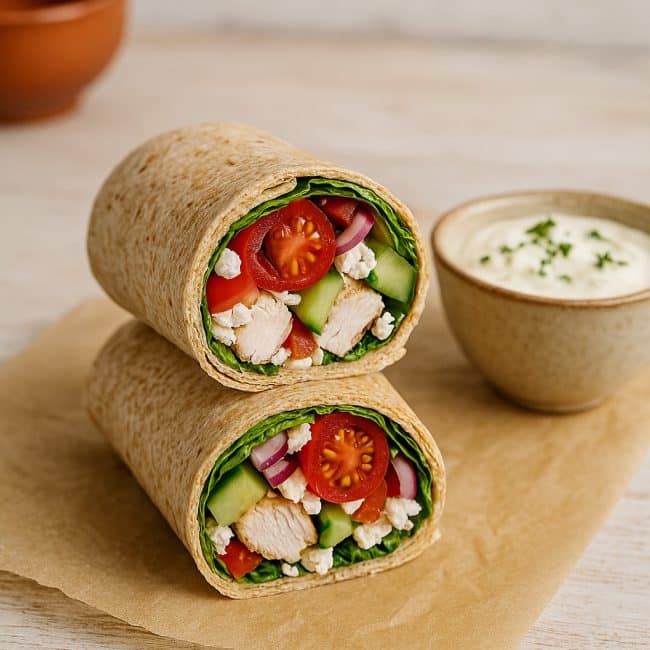 Griechischer Wrap mit Hähnchen, Tzatziki und frischem Gemüse auf Pergamentpapier, angeschnitten serviert im mediterranen Stil.