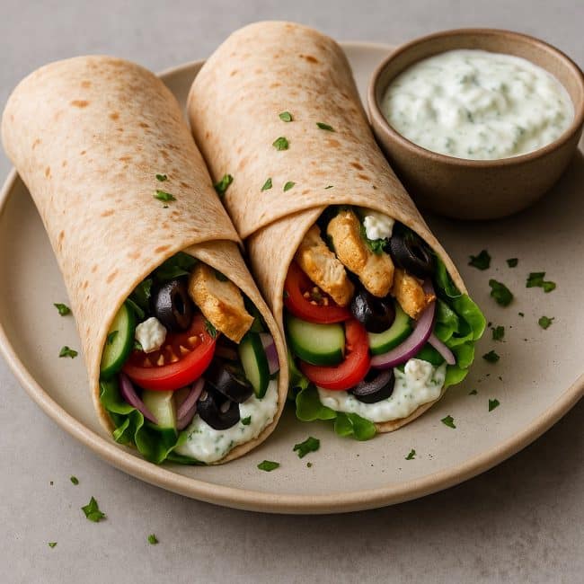 Fertig angerichtete griechische Hähnchen-Wraps mit Tzatziki und Gemüse